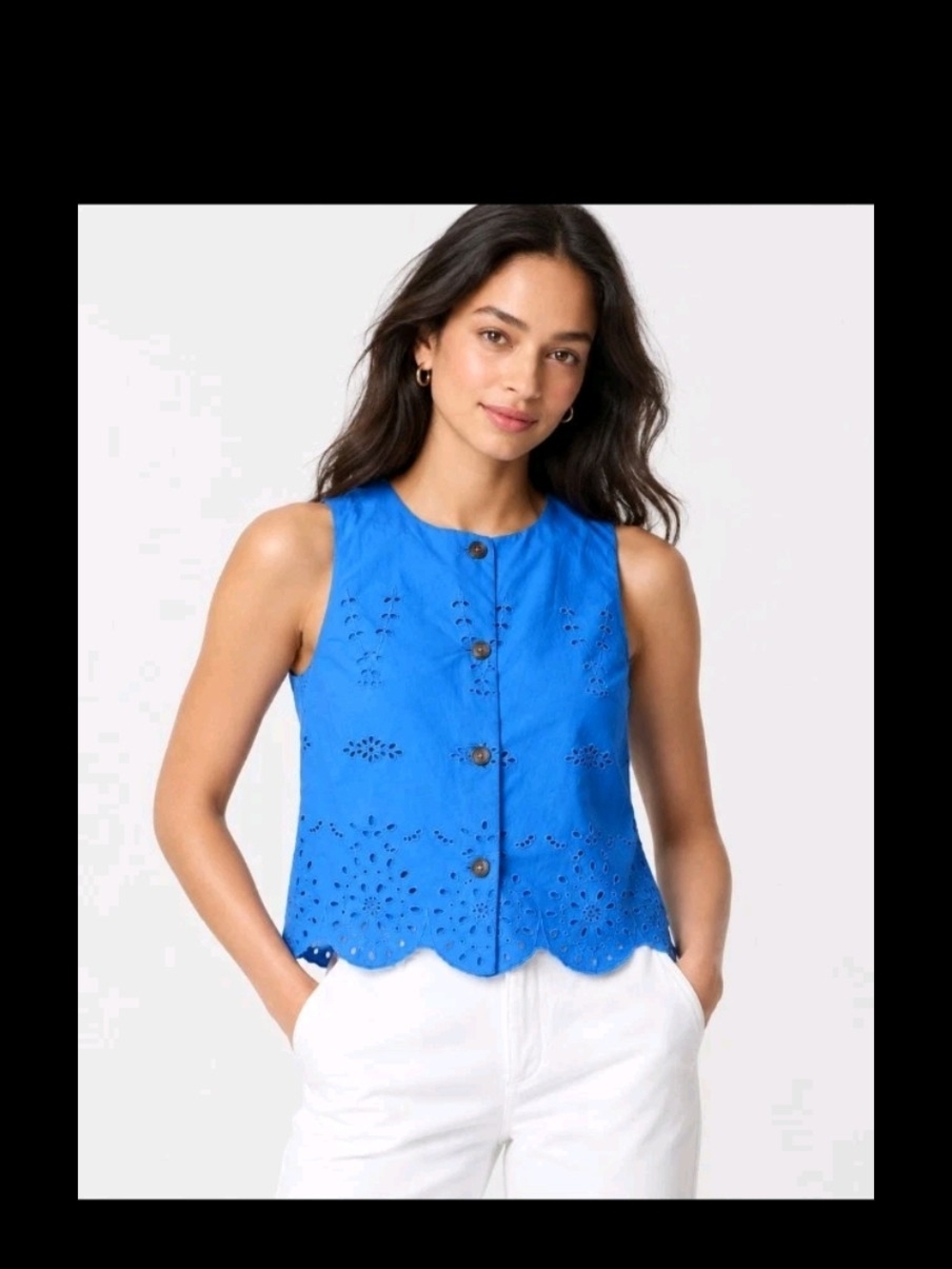 J. Crew Bright Blue Eyelet Button-Front Sleeveless Top
